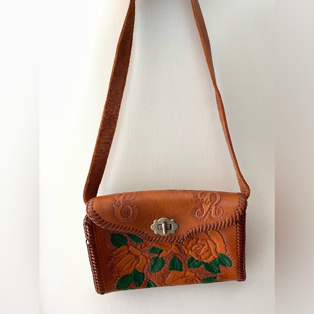 Vintage Boho Tooled Leather Purse with Flowers